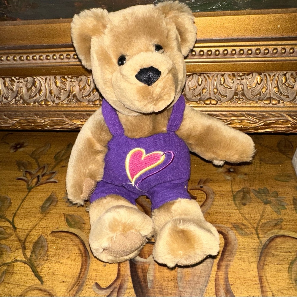 ✨Vintage Hallmark Teddy Bear Purple Overalls "Kiss and Hug" Stuffed Plush 10"✨